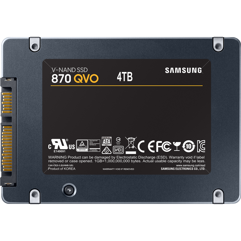 Твердотельные накопители/ Samsung SSD 870 QVO, 4000GB, 2.5" 7mm, SATA3, 4-bit MLC, R/W 560/530MB/s, IOPs 98 000/88 000, TBW 1440, DWPD 0.33 (12 мес.)