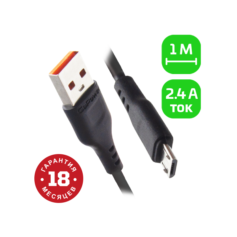 Кабель GoPower GP01M USB (m)-microUSB (m) 1.0м 2.4A ПВХ черный (1/800)