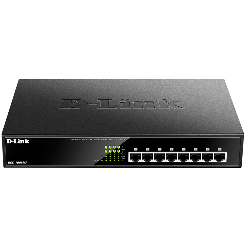 Коммутатор/ DGS-1008MP/B Unmanaged Switch 8x1000Base-T PoE, PoE Budget 125W, metal case