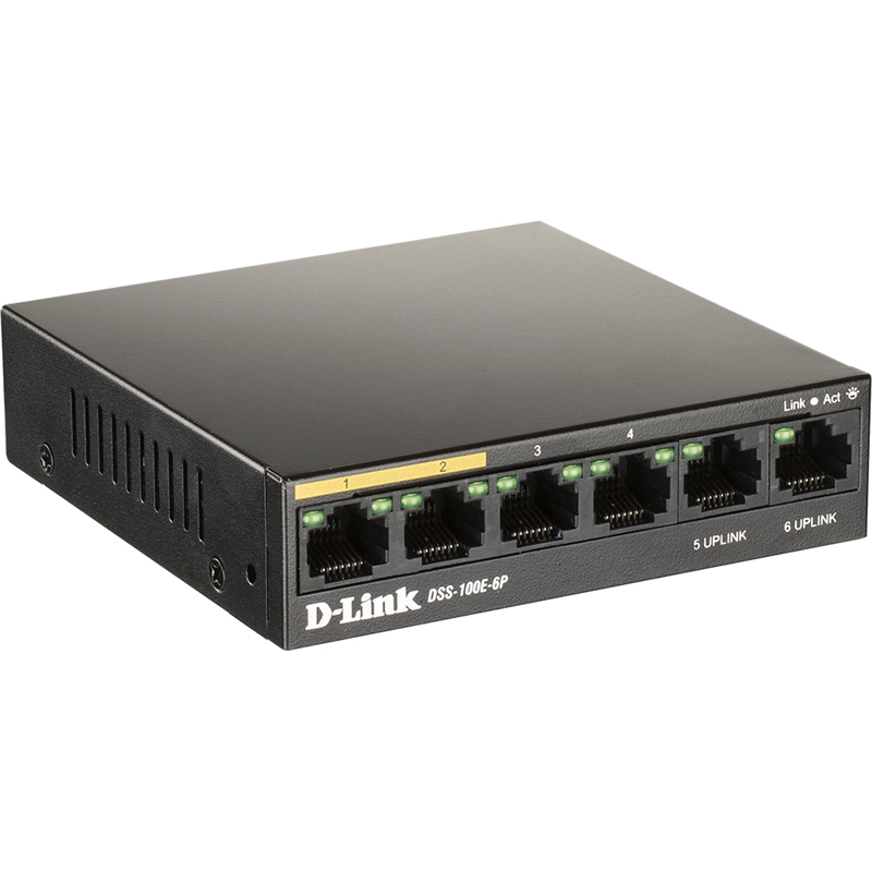 Коммутатор/ DSS-100E-6P Unmanaged Surveillance Switch 6x100Base-TX (4x100Base-TX PoE), Surge 6KV, PoE Budget 55W, Long-range PoE up to 250m, metal case