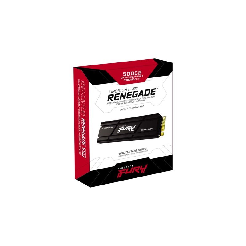 Твердотельный накопитель/ Kingston SSD Fury Renegade, 500GB, M.2(22x80mm), NVMe, PCIe 4.0 x4, 3D TLC, R/W 7300/3900MB/s, IOPs 450 000/900 000, DRAM buffer 512MB, TBW 500, DWPD 0.55, with Heat Spreader (5 лет)