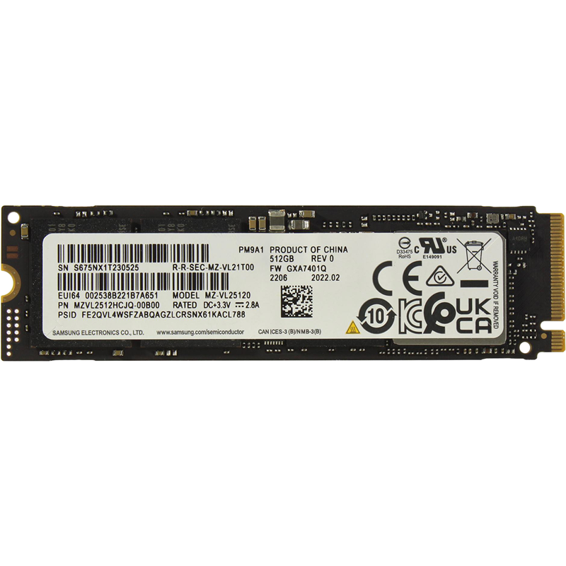 Твердотельный накопитель/ Samsung SSD PM9A1, 512GB, M.2(22x80mm), NVMe, PCIe 4.0 x4, R/W 6900/5000MB/s, IOPs 800 000/800 000, DRAM buffer 512MB (12 мес.)