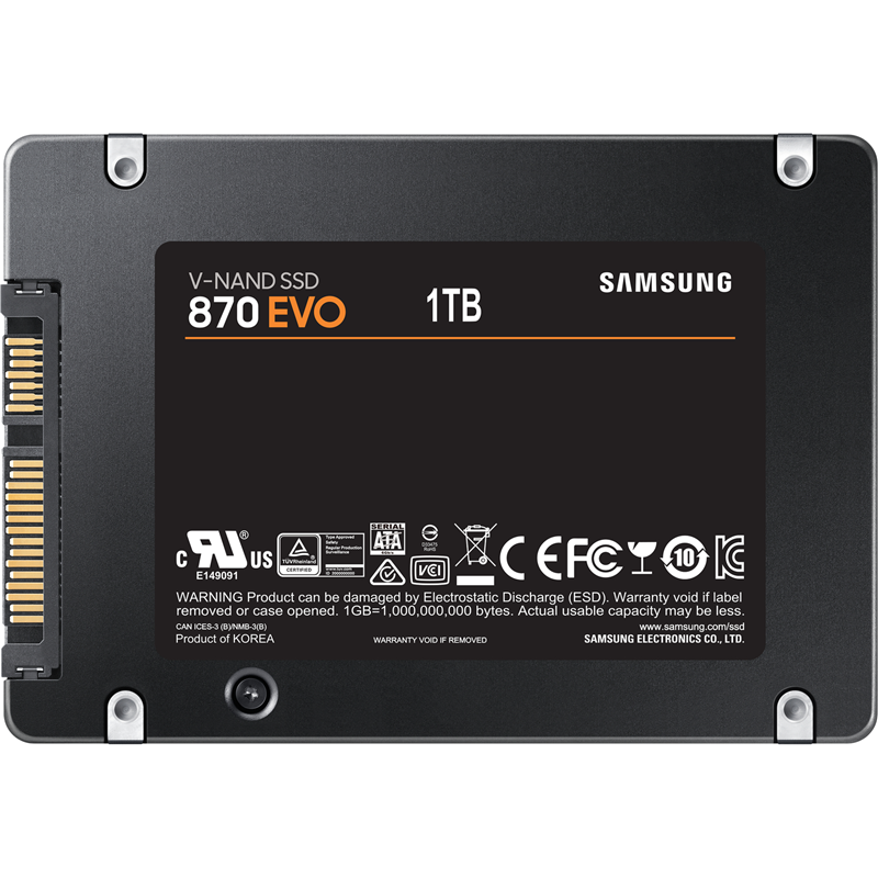 Твердотельные накопители/ Samsung SSD 870 EVO, 1000GB, 2.5" 7mm, SATA3, 3-bit MLC, R/W 560/530MB/s, IOPs 98 000/88 000, DRAM buffer 1024MB, TBW 600, DWPD 0.33 (12 мес.)