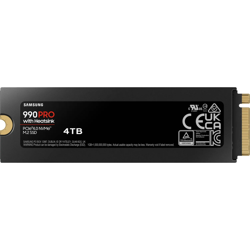 Твердотельный накопитель/ Samsung SSD 990 PRO, 4000GB, M.2(22x80mm), NVMe 2.0, PCIe 4.0 x4, V-NAND TLC, R/W 7450/6900MB/s, IOPs 1 400 000/1 550 000, DRAM buffer 4096MB, TBW 2400, DWPD 0.33, with Heatsink (12 мес.)