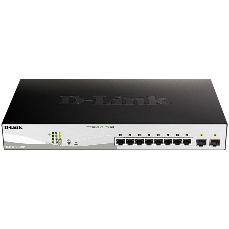 Коммутатор/ DGS-1210-10MP/FL Managed L2 Switch 8x1000Base-T PoE, 2x1000Base-X SFP, PoE Budget 130W, Surge 6KV, CLI