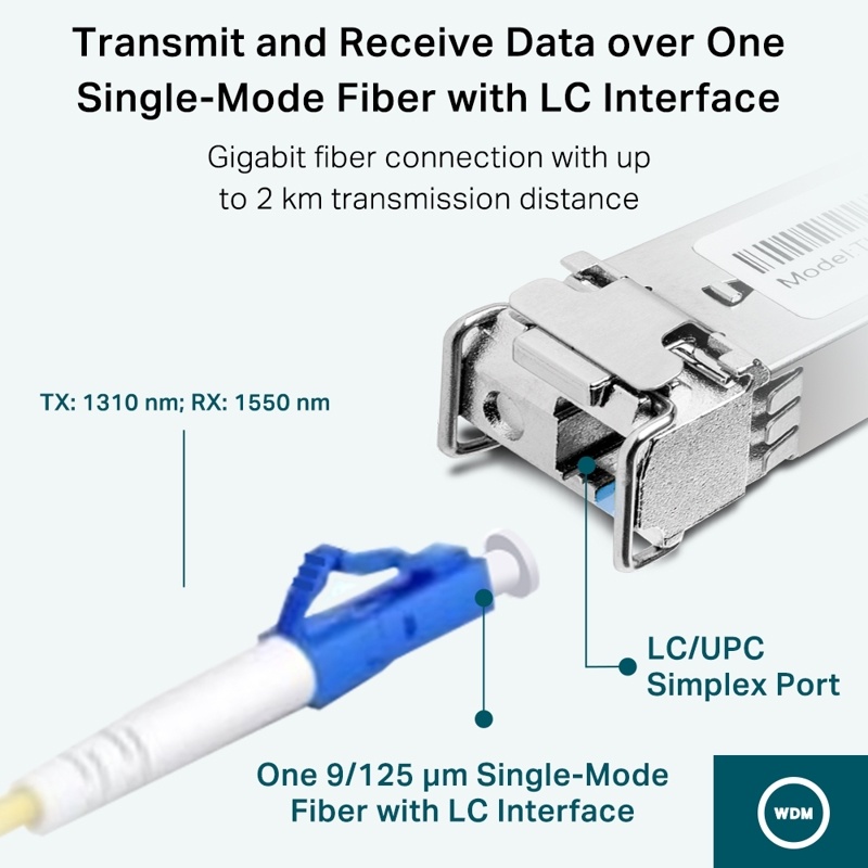 Трансивер/ 1000Base-BX WDM Bi-Directional SFP module, TX: 1310 nm and RX: 1550 nm, 1 LC Simplex port , up to 2 km transmission distance in 9/125 µm SMF