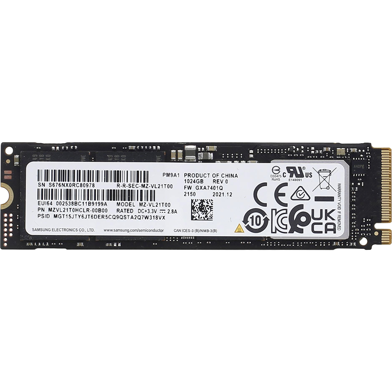 Твердотельный накопитель/ Samsung SSD PM9A1, 1024GB, M.2(22x80mm), NVMe, PCIe 4.0 x4, R/W 7000/5100MB/s, IOPs 1 000 000/850 000, DRAM buffer 1024MB (12 мес.)